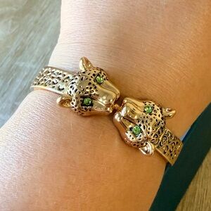 House Of Harlow 1960 Elegant Gold Leopard Bracelet with Green Accents